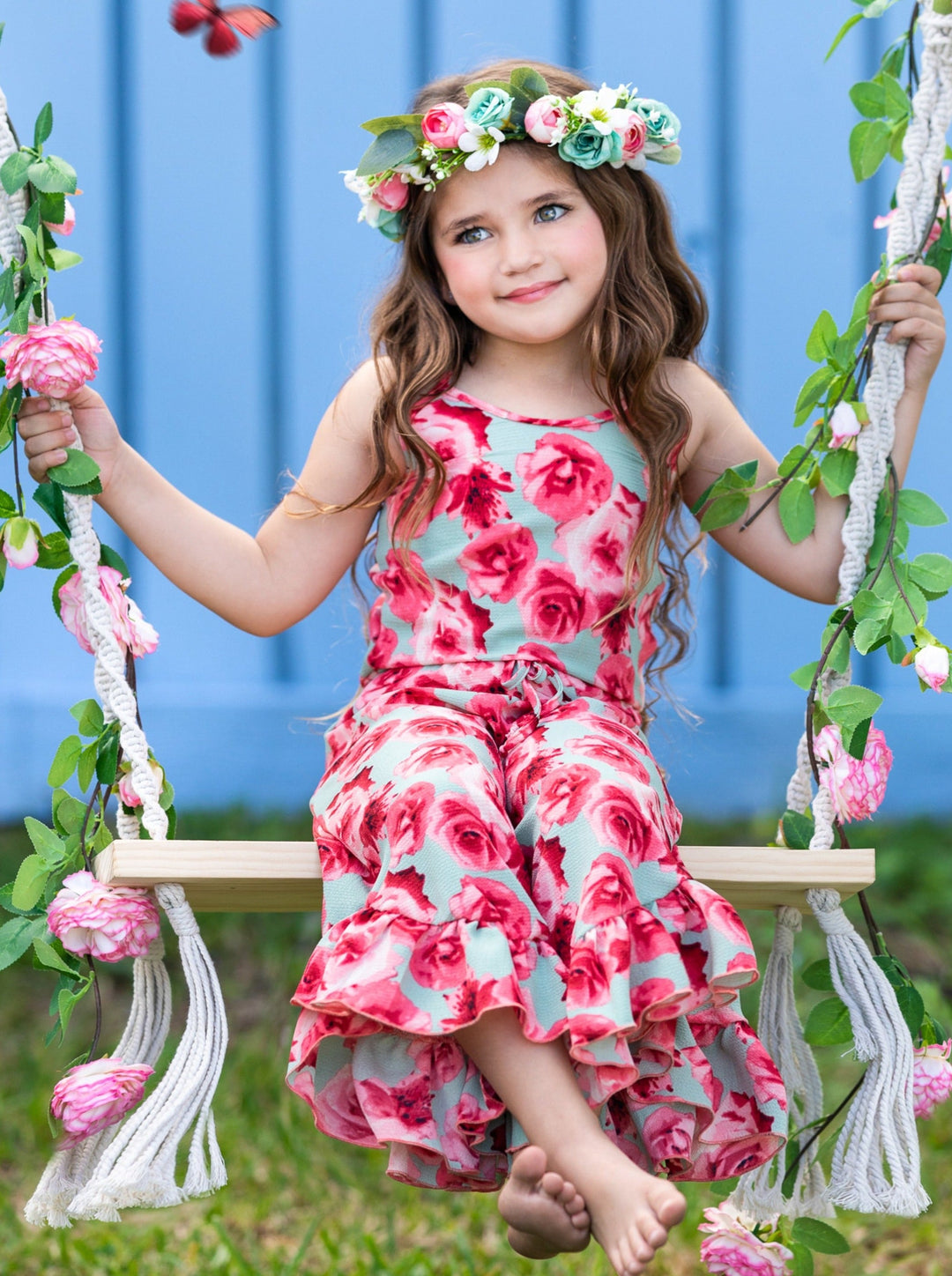 Cute Toddler Outfit | Girls Sleeveless Floral Ruffle Hem Jumpsuit