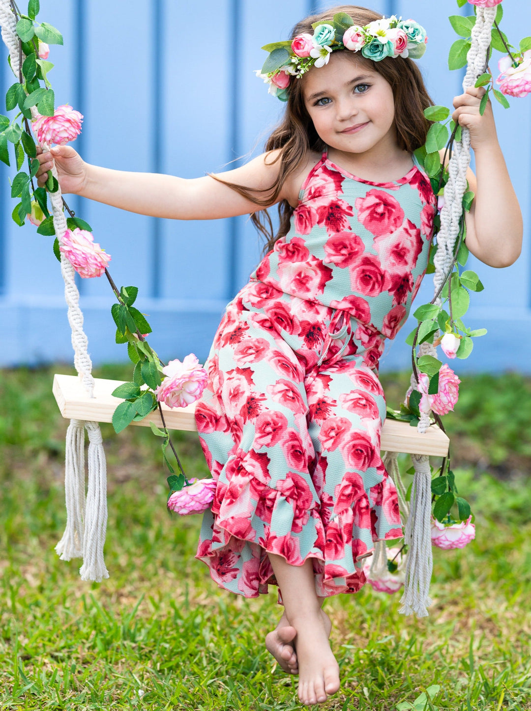 Cute Toddler Outfit | Girls Sleeveless Floral Ruffle Hem Jumpsuit