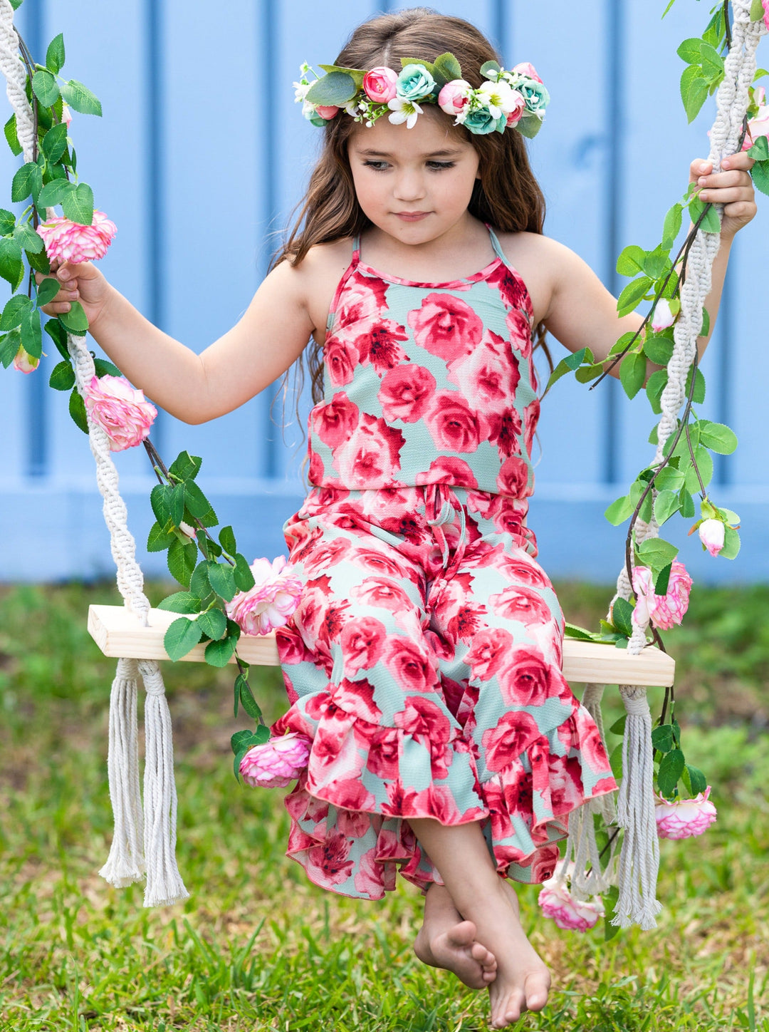 Cute Toddler Outfit | Girls Sleeveless Floral Ruffle Hem Jumpsuit