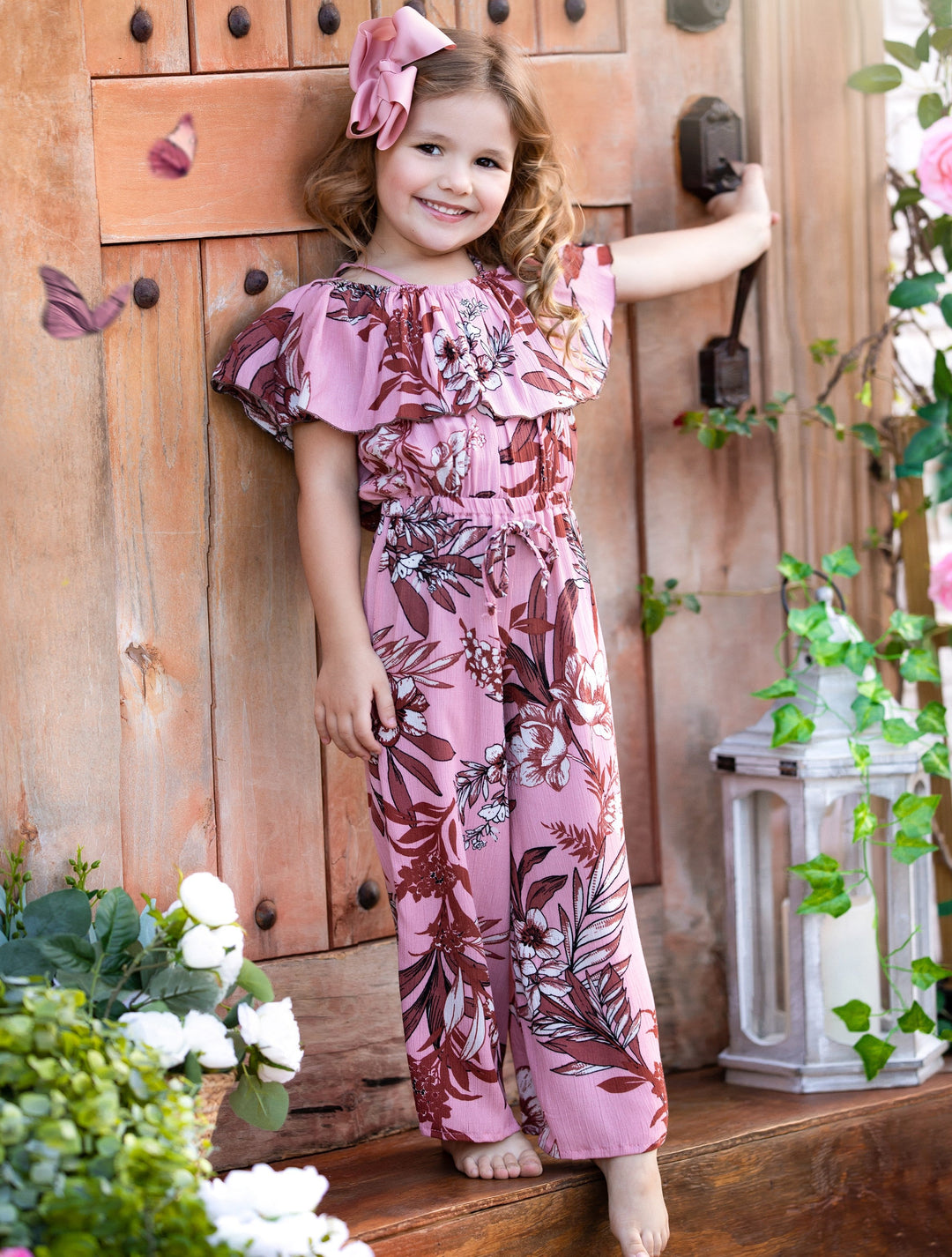 Girls Pink Tropical Print Cold Shoulder Jumpsuit | Mia Belle Girls