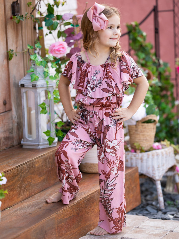 Girls Pink Tropical Print Cold Shoulder Jumpsuit | Mia Belle Girls