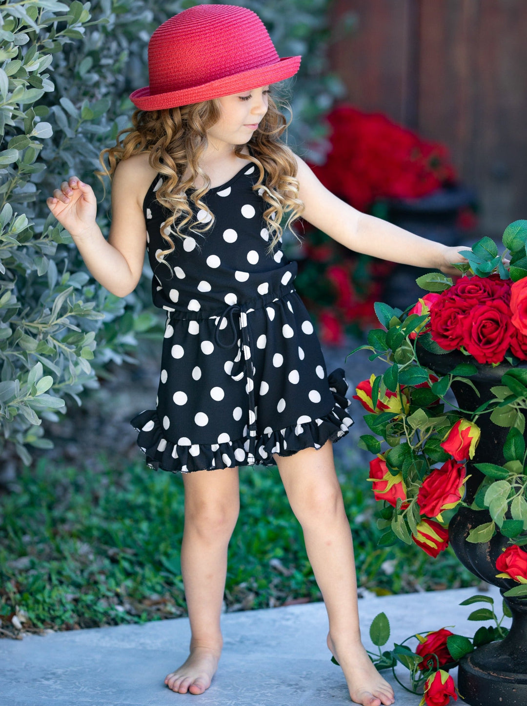 Girls Spring Outfits | Polka Dot Halter Drawstring Ruffle Hem Romper