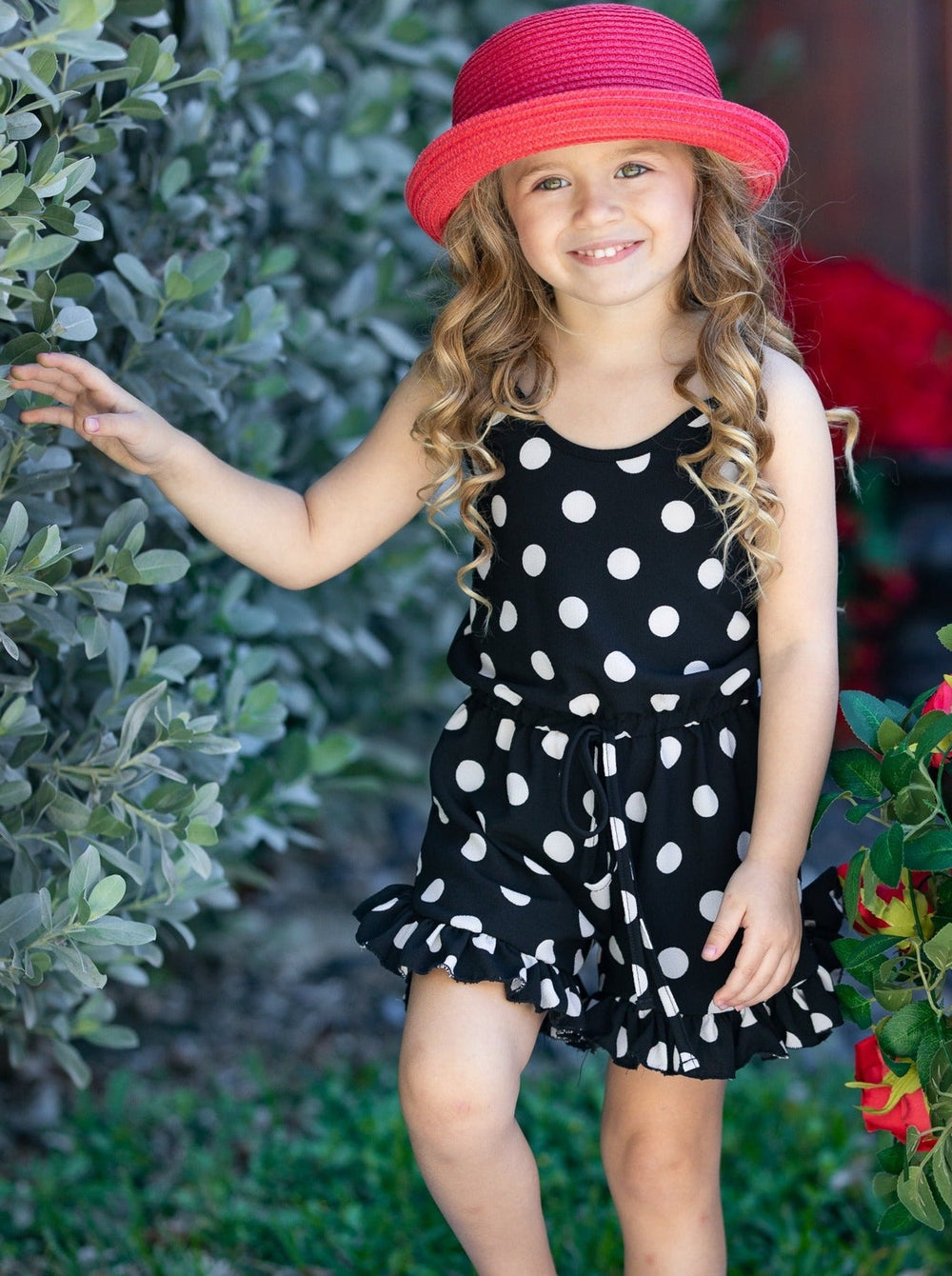 Girls Spring Outfits | Polka Dot Halter Drawstring Ruffle Hem Romper