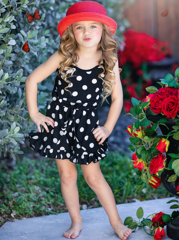 Girls Spring Outfits | Polka Dot Halter Drawstring Ruffle Hem Romper