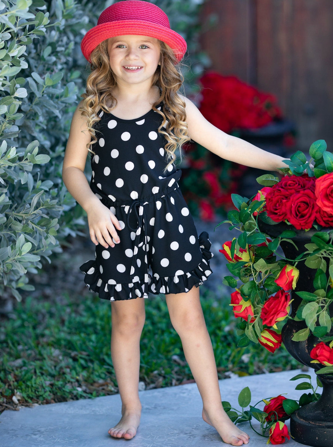 Girls Spring Outfits | Polka Dot Halter Drawstring Ruffle Hem Romper