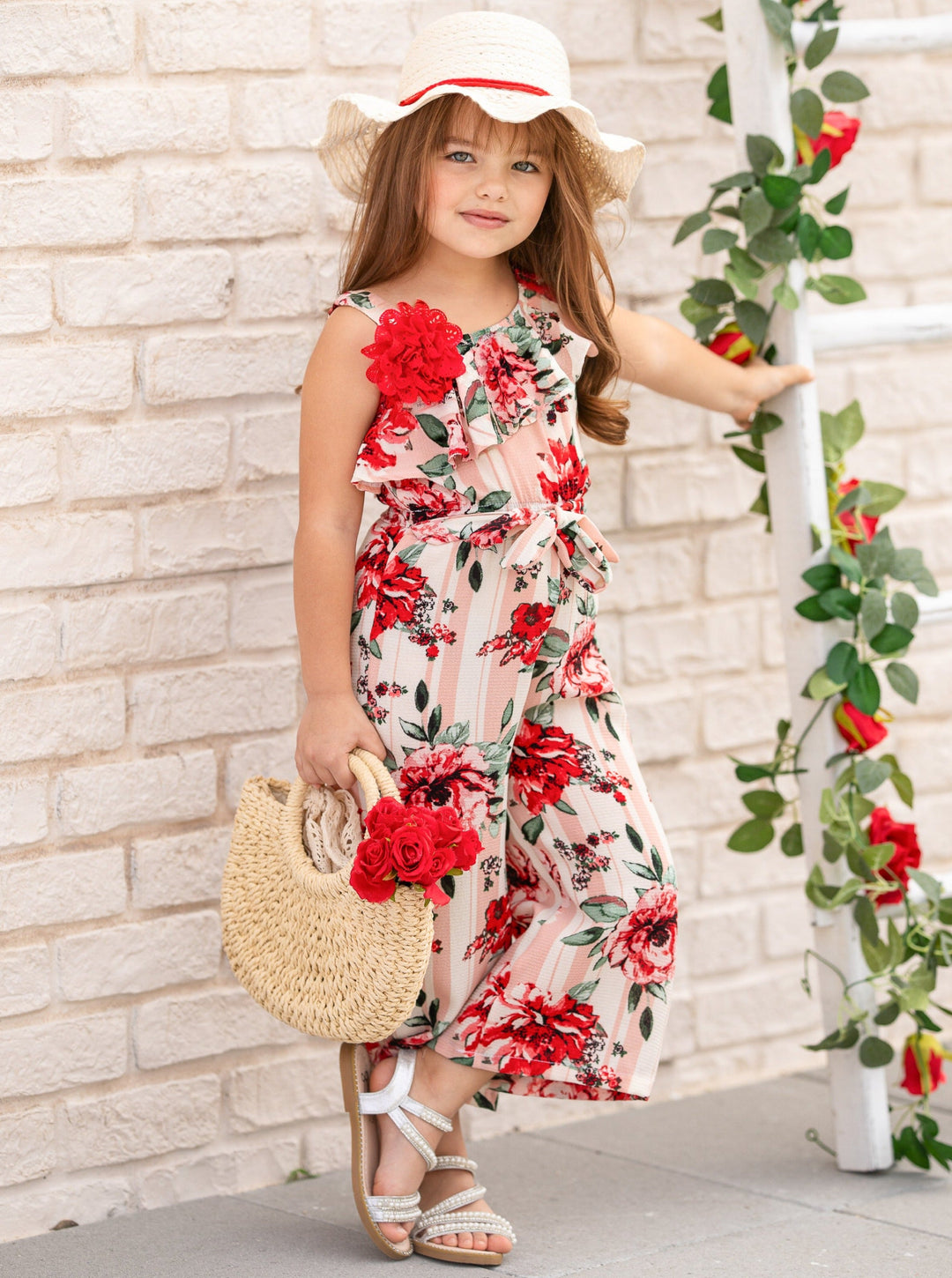 Cute Toddler Outfit | Girls Floral Striped One Shoulder Jumpsuit