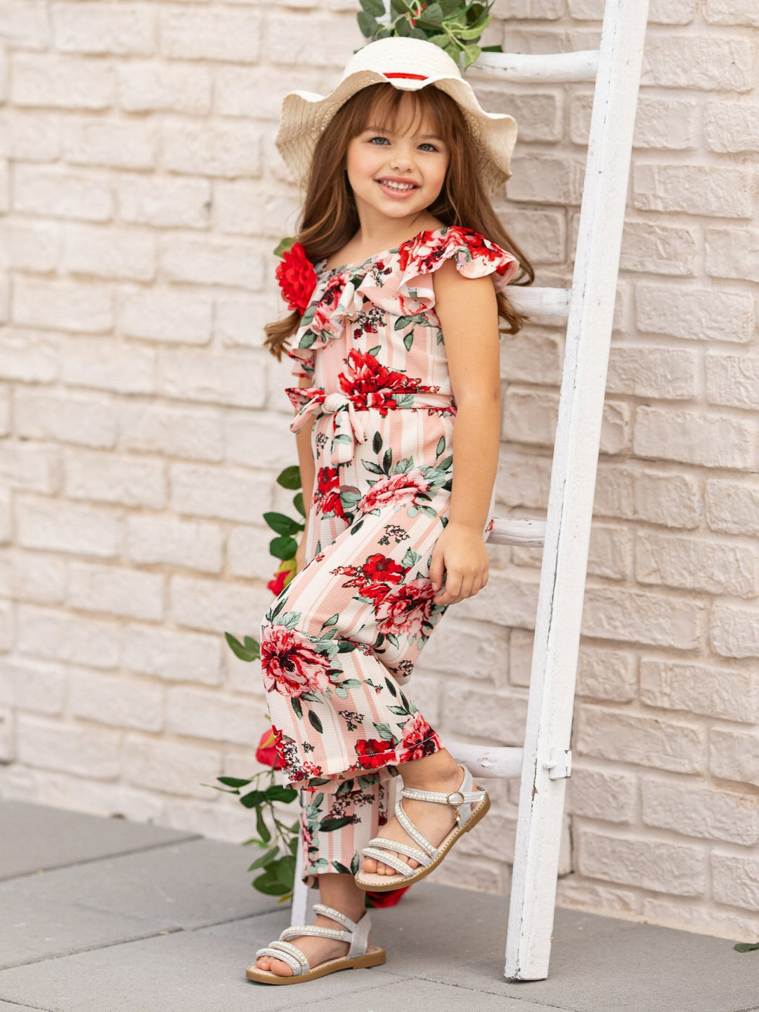 Cute Toddler Outfit | Girls Floral Striped One Shoulder Jumpsuit