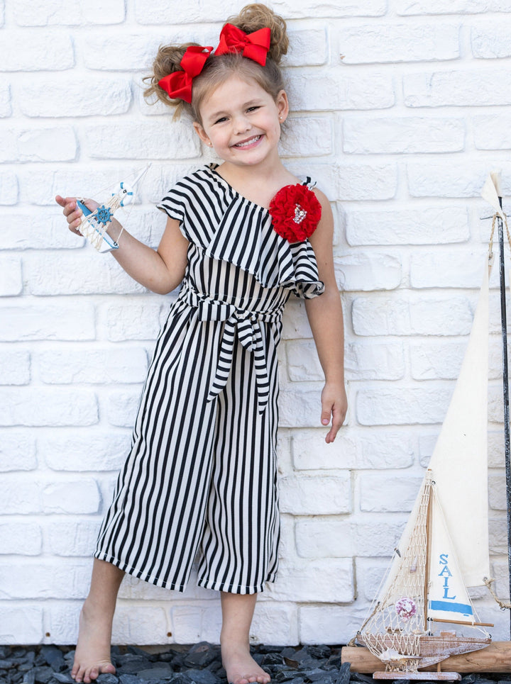 Kids Spring Clothes | Girls Striped One Shoulder Sling Ruffle Jumpsuit