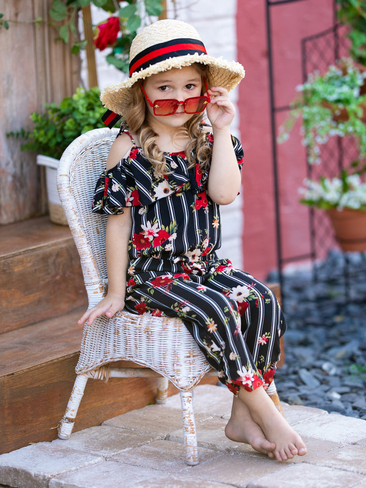 Cute Spring Toddler Outfit | Girls Floral Striped Drawstring Jumpsuit