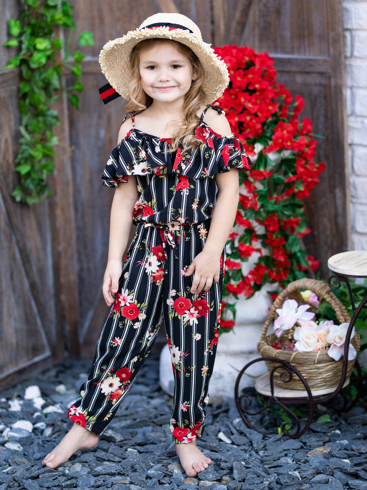 Cute Spring Toddler Outfit | Girls Floral Striped Drawstring Jumpsuit