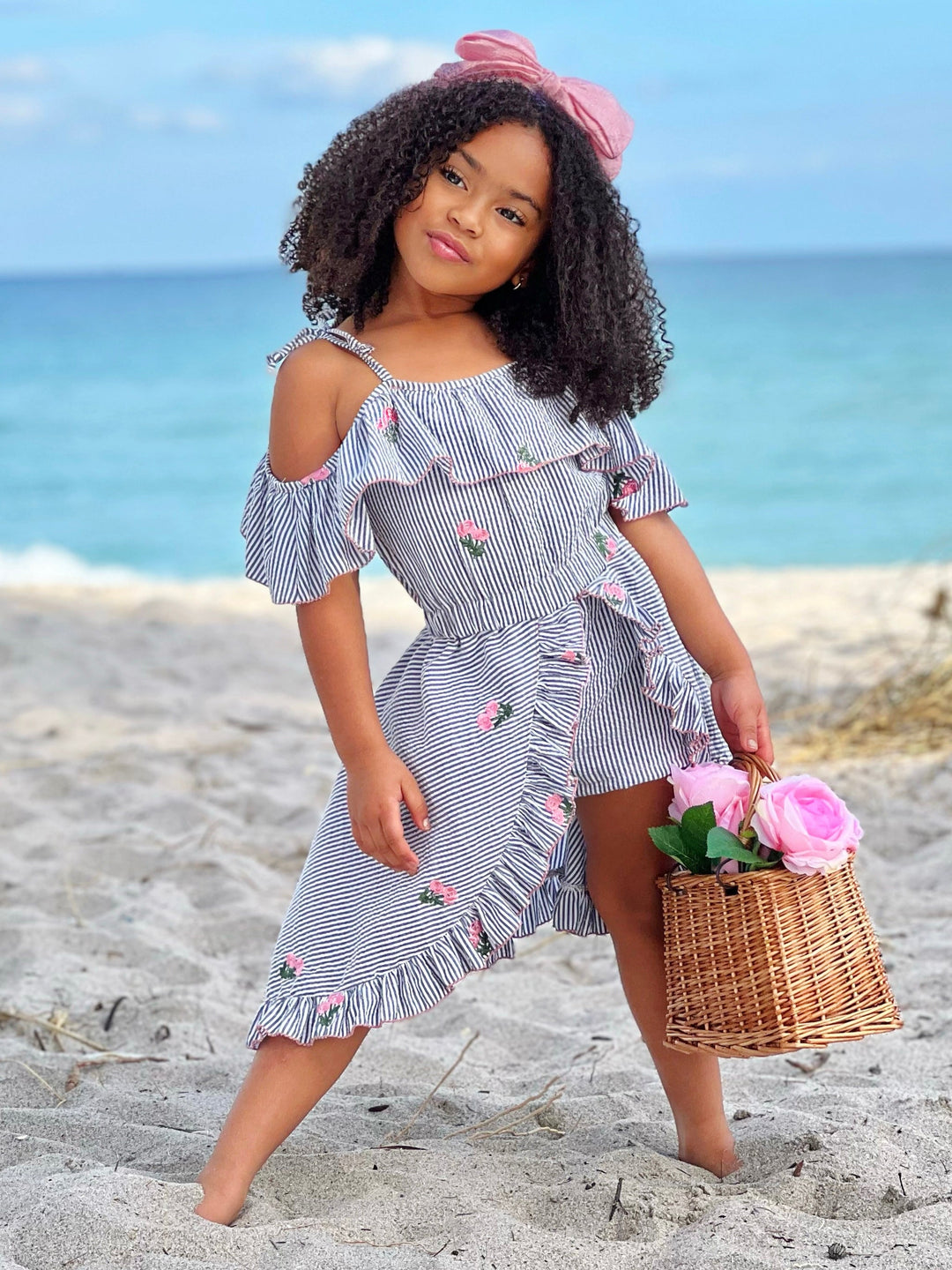 Mia Belle Girls Pinstripe Romper Dress | Girls Spring Outfits