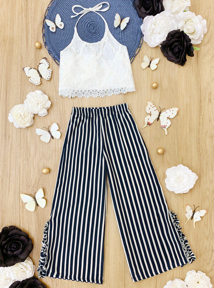 Toddler Resort Wear | Girls Lace Halter Top & Striped Wide Leg Pants