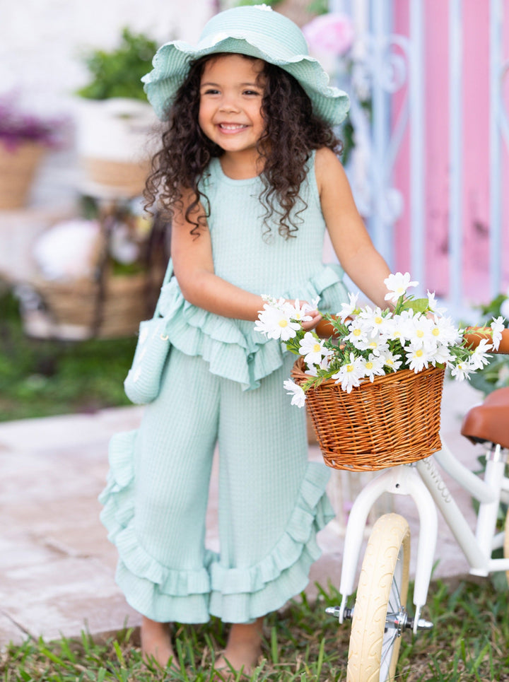 Cute Spring Outfit | Girls Pastel Ruffle Hem Top & Wide Leg Pants Set 