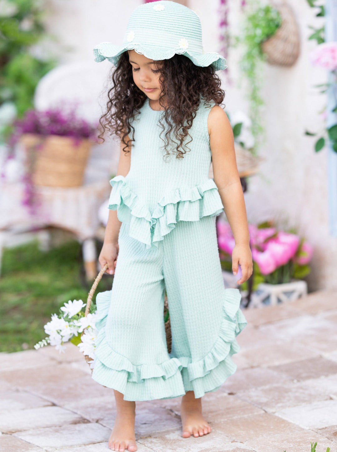 Cute Spring Outfit | Girls Pastel Ruffle Hem Top & Wide Leg Pants Set 