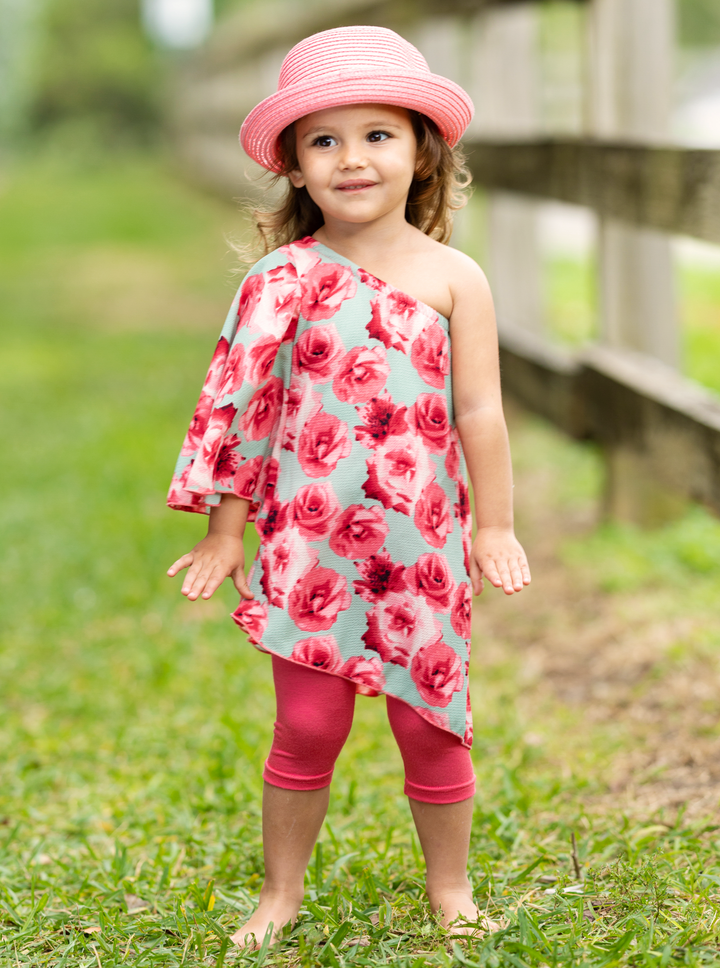 Kids Spring Clothes | Girls Rose Print One Sleeve Tunic & Legging Set