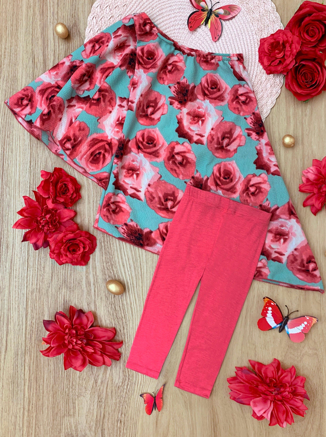 Kids Spring Clothes | Girls Rose Print One Sleeve Tunic & Legging Set