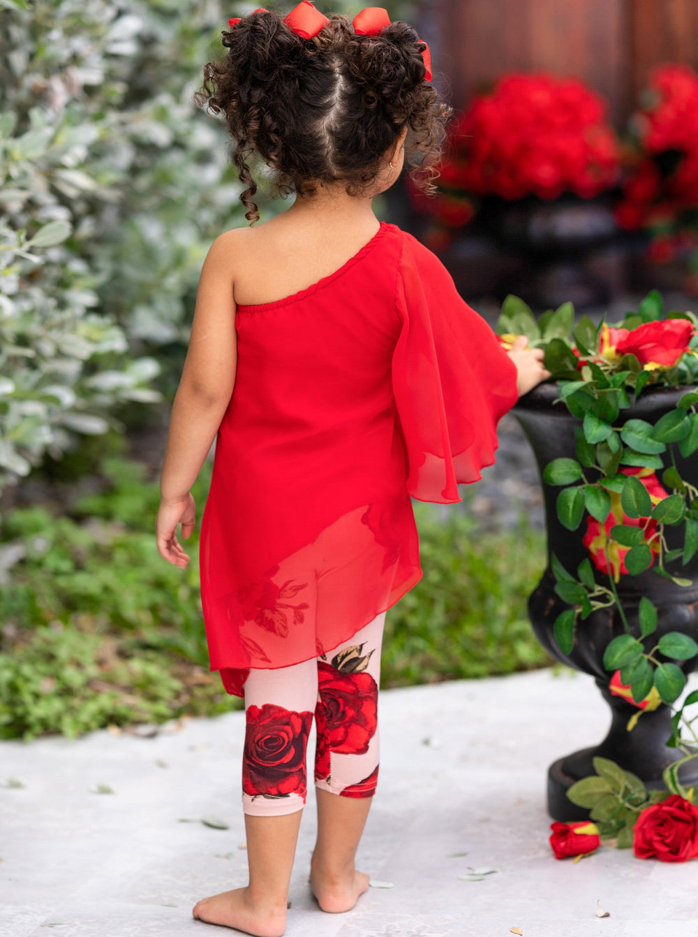 Toddler Spring Outfits | Girls Red One Sleeve Tunic & Rose Legging Set