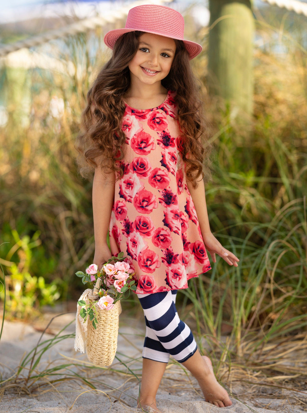 Mia Belle Girls Rose Tunic & Stripe Legging Set | Resort Wear