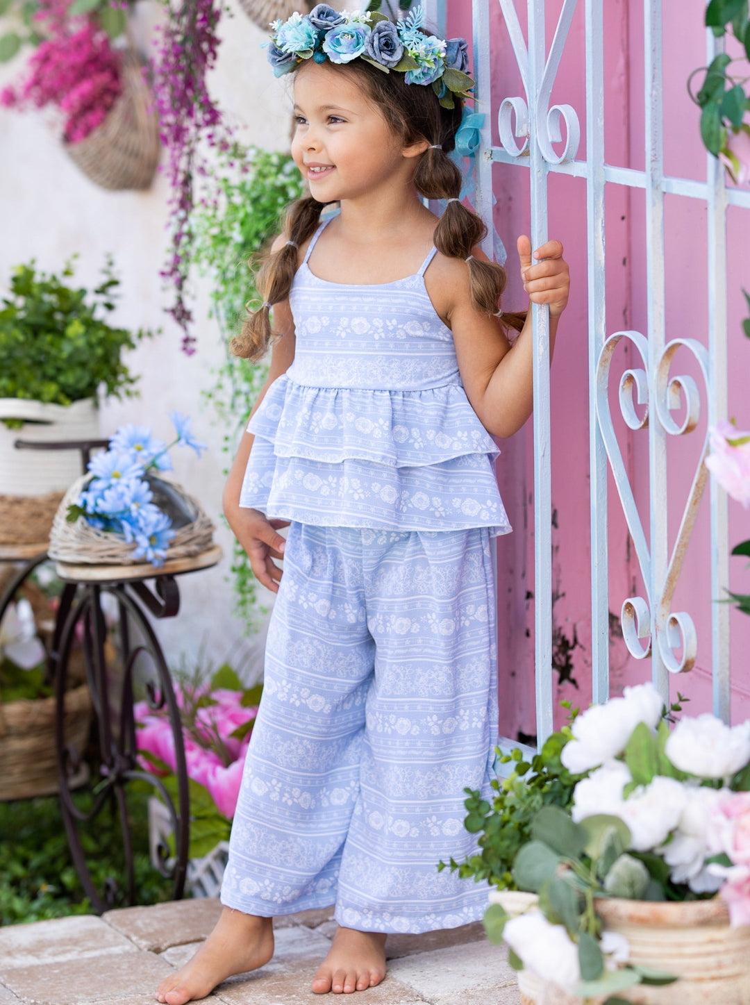 Cute Kids Outfit | Girls Spring Floral Tiered Ruffle Top & Pants Set