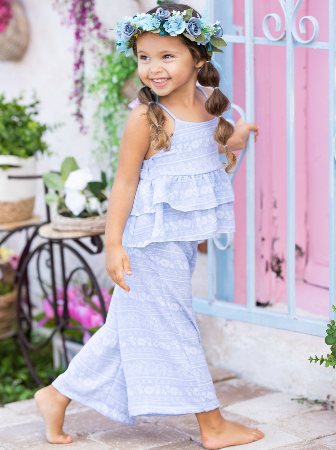 Cute Kids Outfit | Girls Spring Floral Tiered Ruffle Top & Pants Set