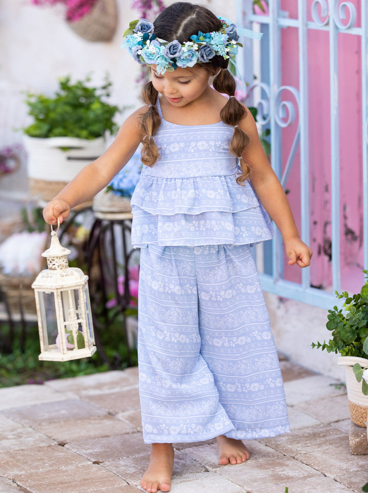 Cute Kids Outfit | Girls Spring Floral Tiered Ruffle Top & Pants Set