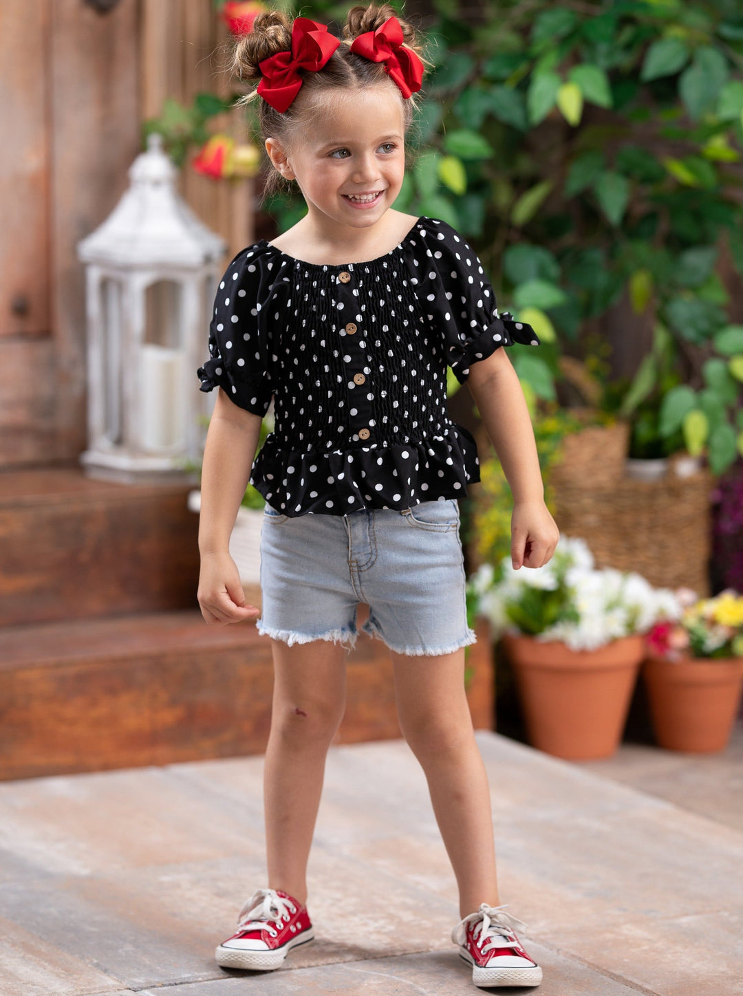 Girls Spring Clothes | Black Polka Dot Smock Top & Denim Shorts Set 