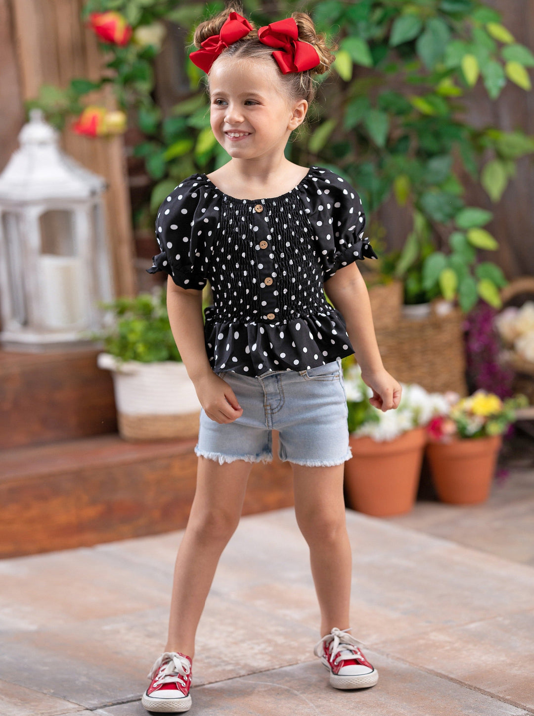 Girls Spring Clothes | Black Polka Dot Smock Top & Denim Shorts Set 