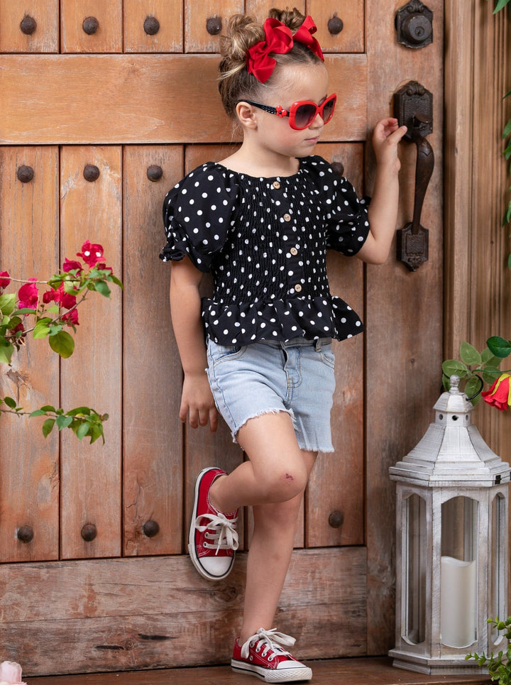 Girls Spring Clothes | Black Polka Dot Smock Top & Denim Shorts Set 