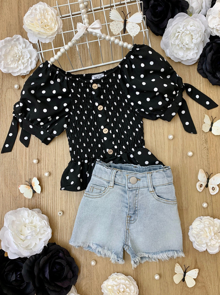 Girls Spring Clothes | Black Polka Dot Smock Top & Denim Shorts Set 