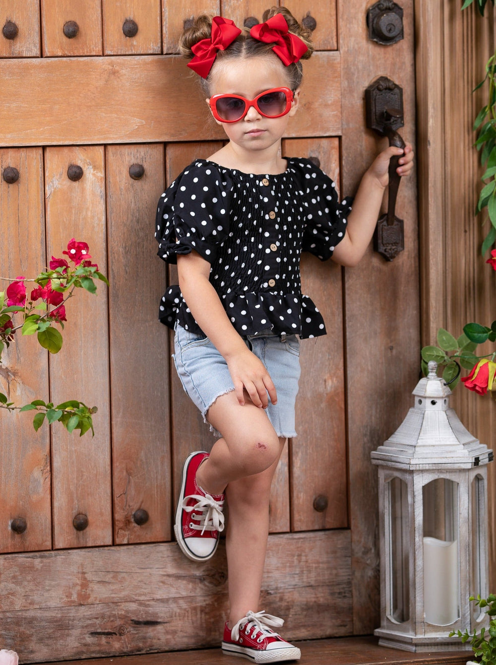 Girls Spring Clothes | Black Polka Dot Smock Top & Denim Shorts Set 