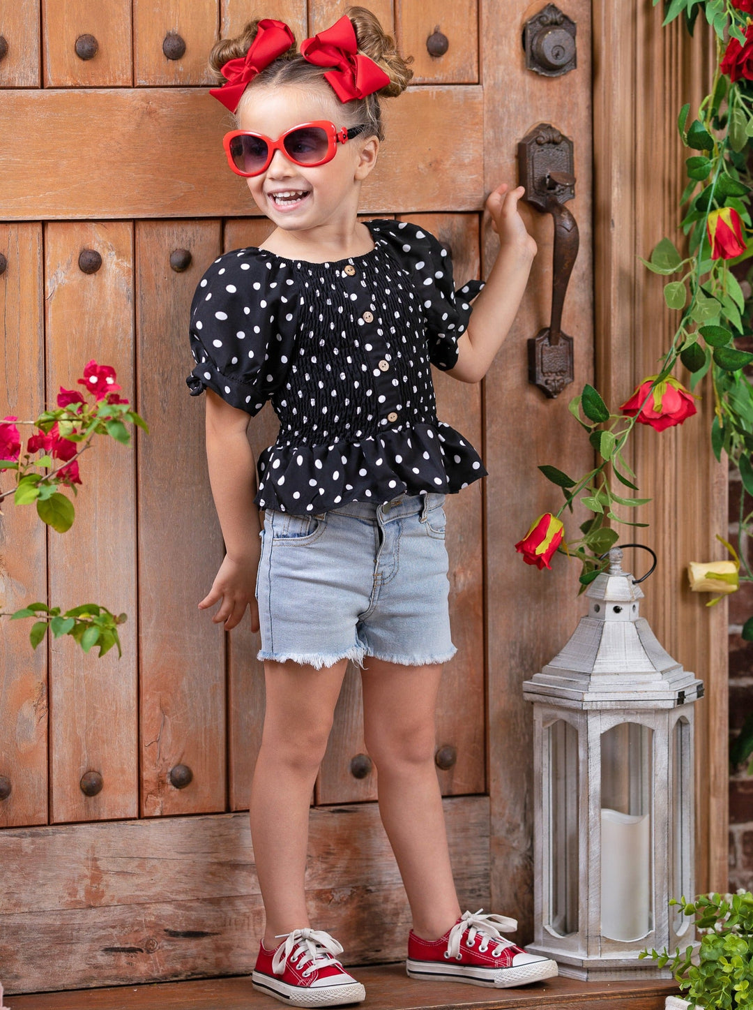 Girls Spring Clothes | Black Polka Dot Smock Top & Denim Shorts Set 