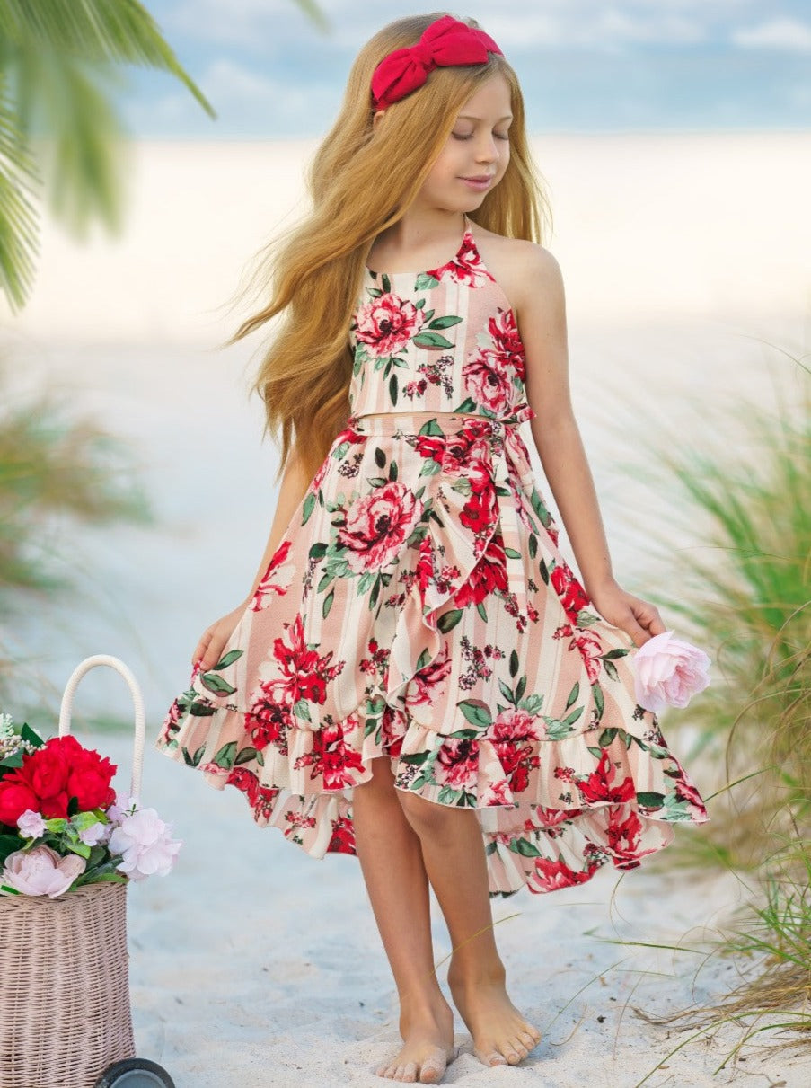 Kids Spring Clothes | Girls Floral Halter Top & Hi Lo Wrap Skirt Set