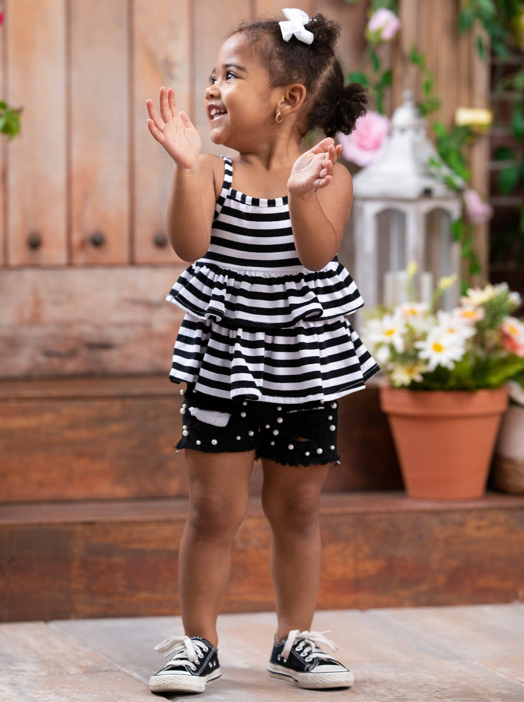 Cute Toddler Outfit | Girls Ruffle Tank Top & Fringed Denim Shorts Set