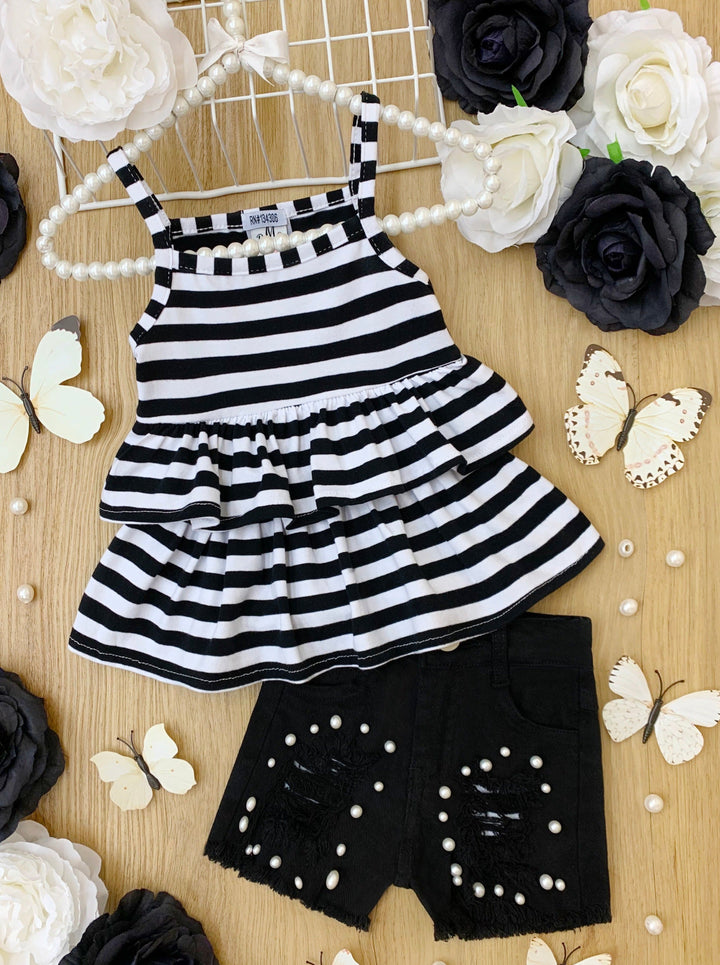 Cute Toddler Outfit | Girls Ruffle Tank Top & Fringed Denim Shorts Set