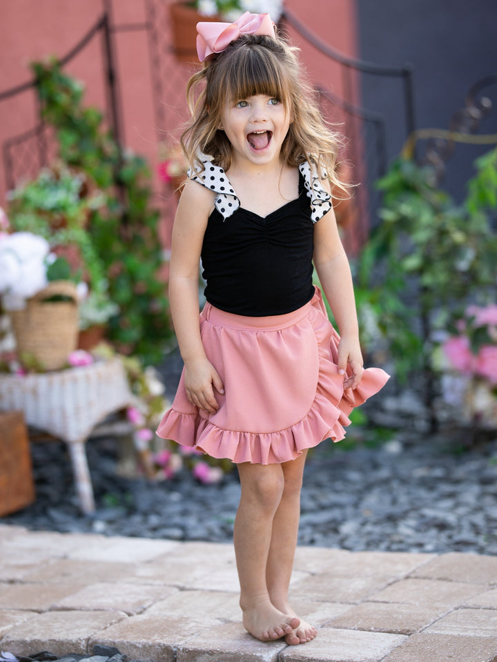 Kids Spring Outift | Girls Polka Dot Strap Top & Ruffle Wrap Skirt Set