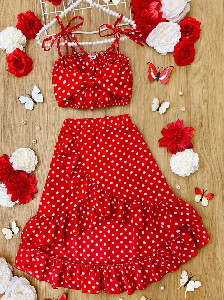 Girls Sweet Little Dot Bow Tie Crop Top and Hi Lo Wrap Skirt Set