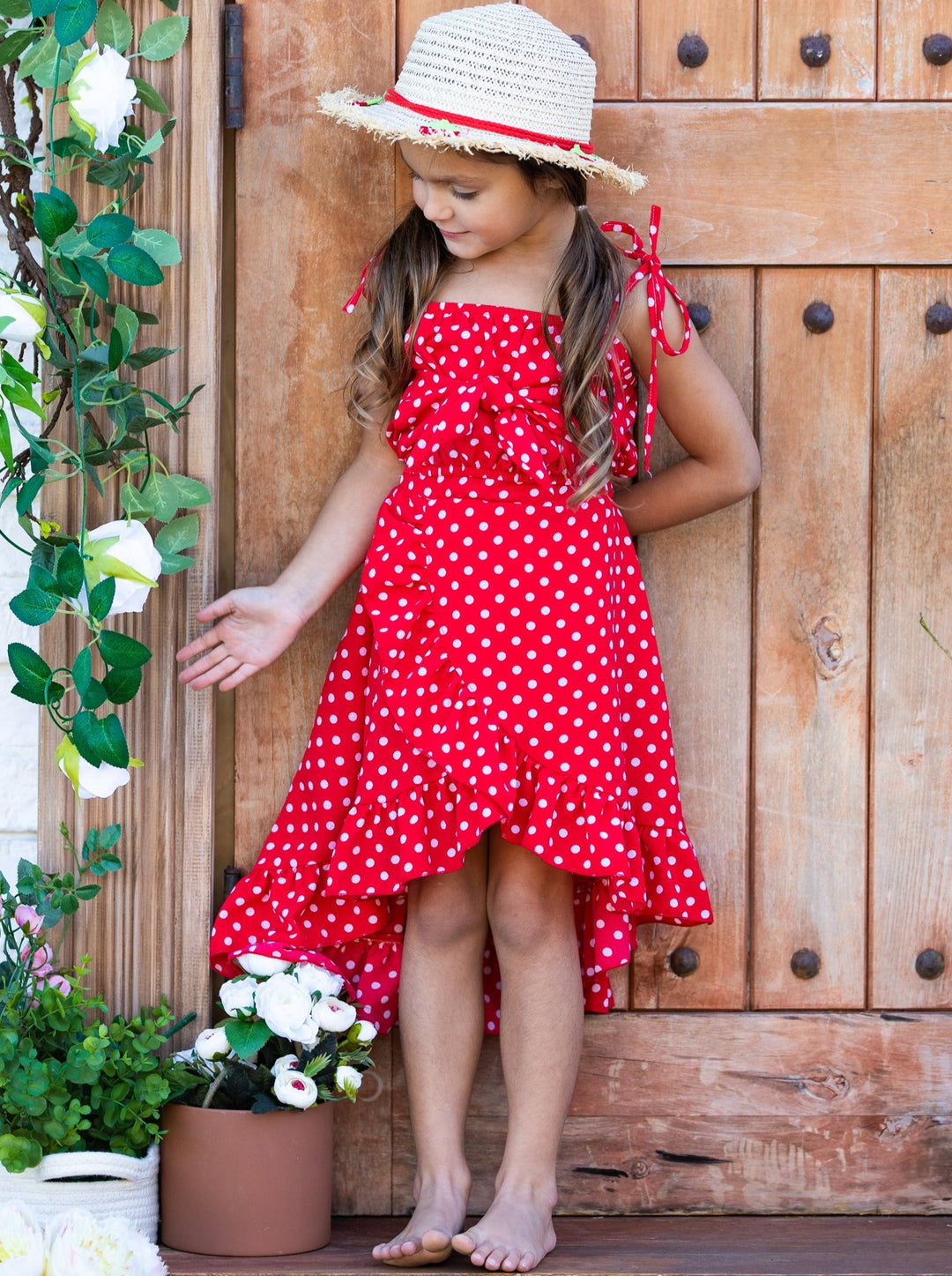 Girls Sweet Little Dot Bow Tie Crop Top and Hi Lo Wrap Skirt Set