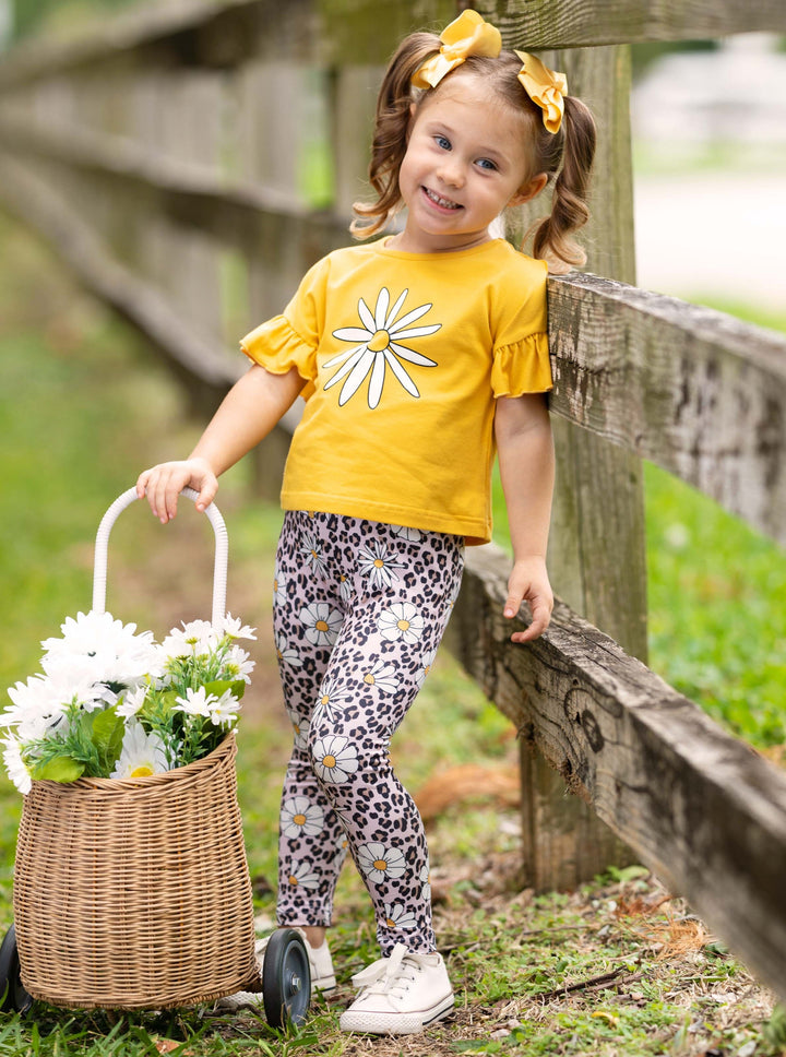 Toddler Spring Outfits | Girls Daisy Top & Leopard Daisy Legging Set