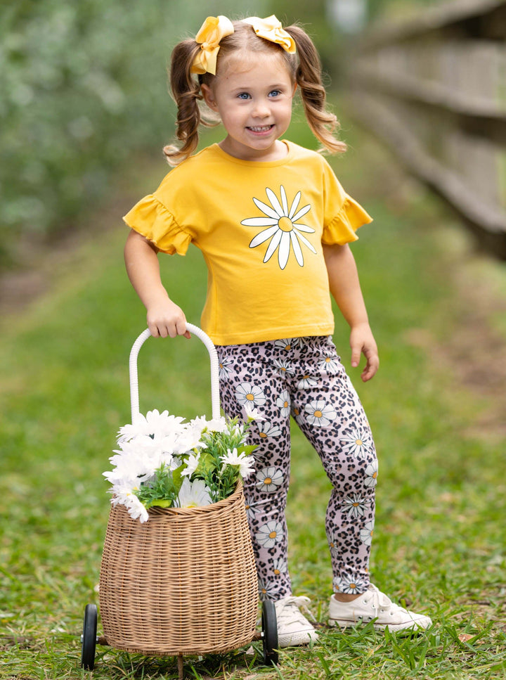 Toddler Spring Outfits | Girls Daisy Top & Leopard Daisy Legging Set