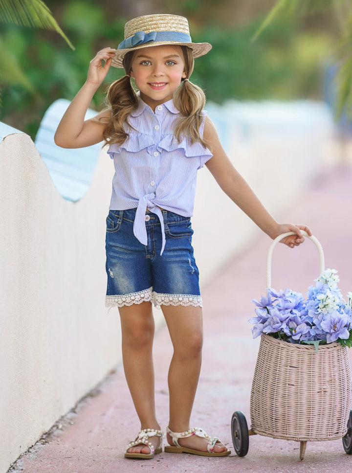 Knot Hem Top And Denim Shorts Set | Cowgirl Fashion | Mia Belle Girls