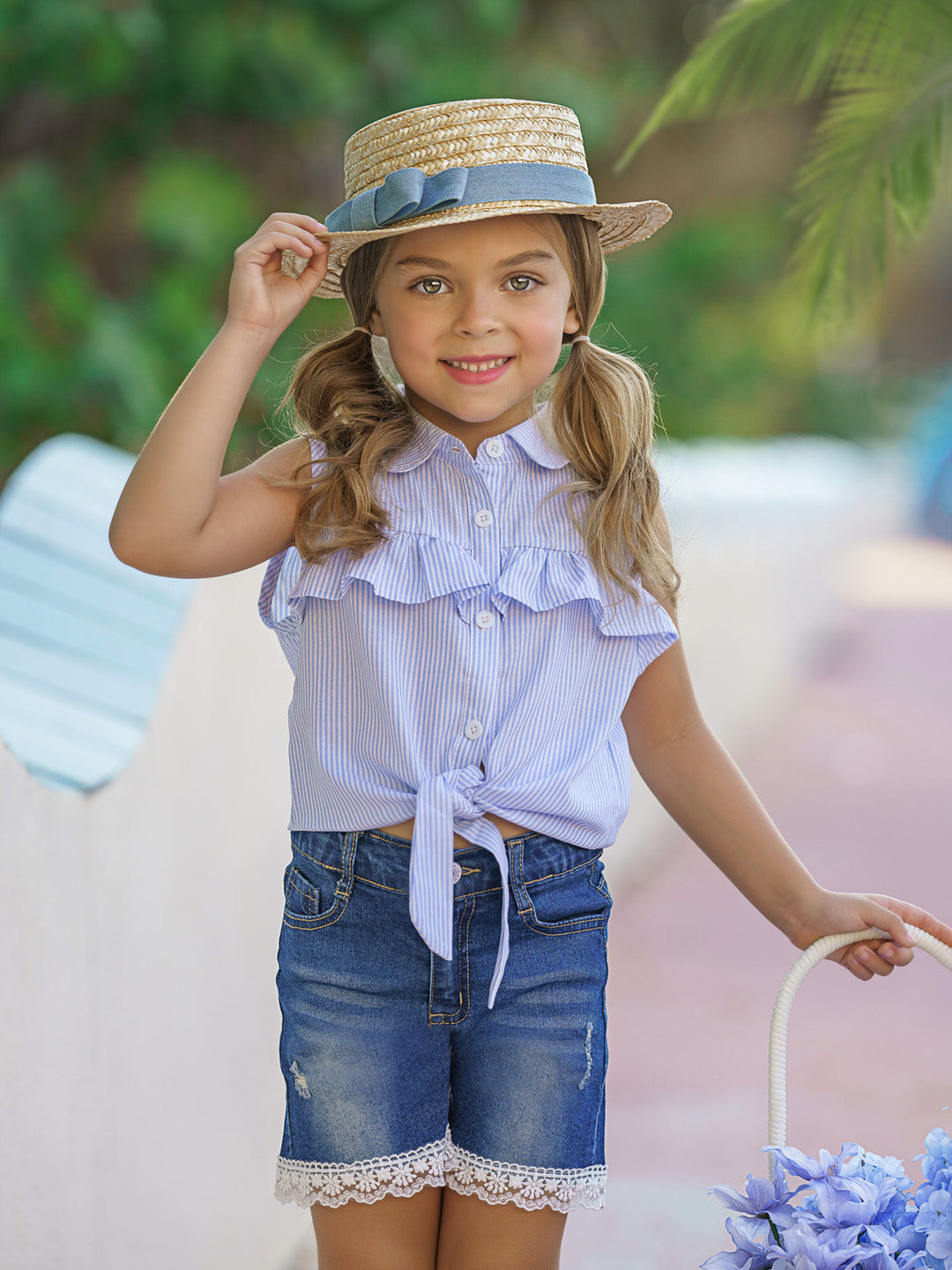 Knot Hem Top And Denim Shorts Set | Cowgirl Fashion | Mia Belle Girls