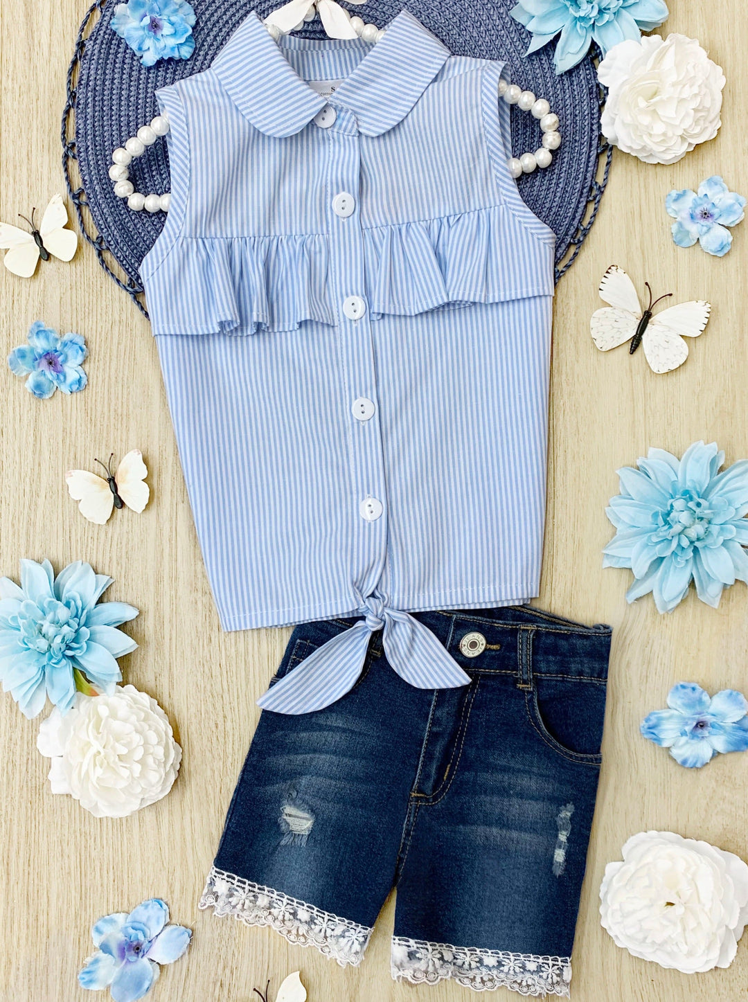 Knot Hem Top And Denim Shorts Set | Cowgirl Fashion | Mia Belle Girls