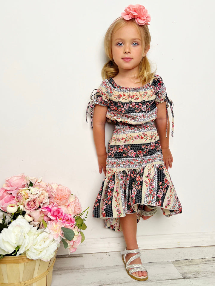 Cute Spring Outfits | Girls Floral Patchwork Top & Hi-Lo Skirt Set