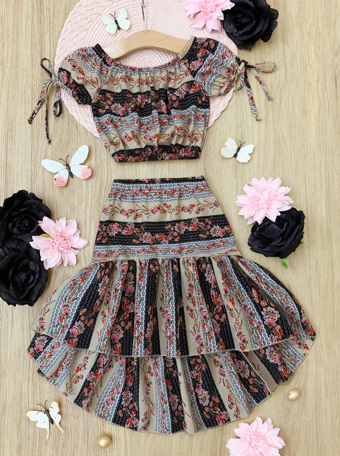 Cute Spring Outfits | Girls Floral Patchwork Top & Hi-Lo Skirt Set