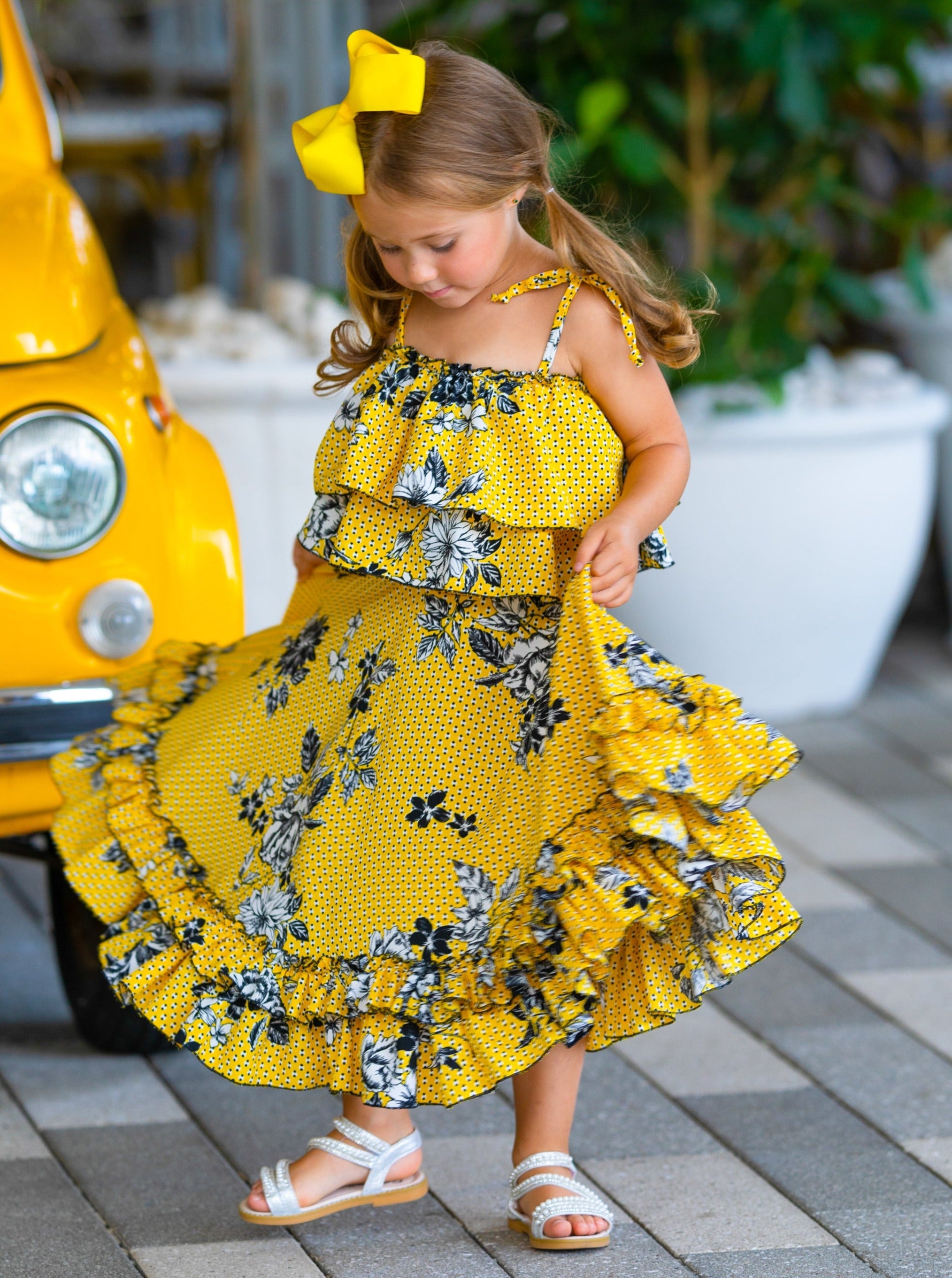 Toddler Spring Outfits Girls Floral Ruffle Cami Top Maxi Skirt Set Yellow 4T 5Y