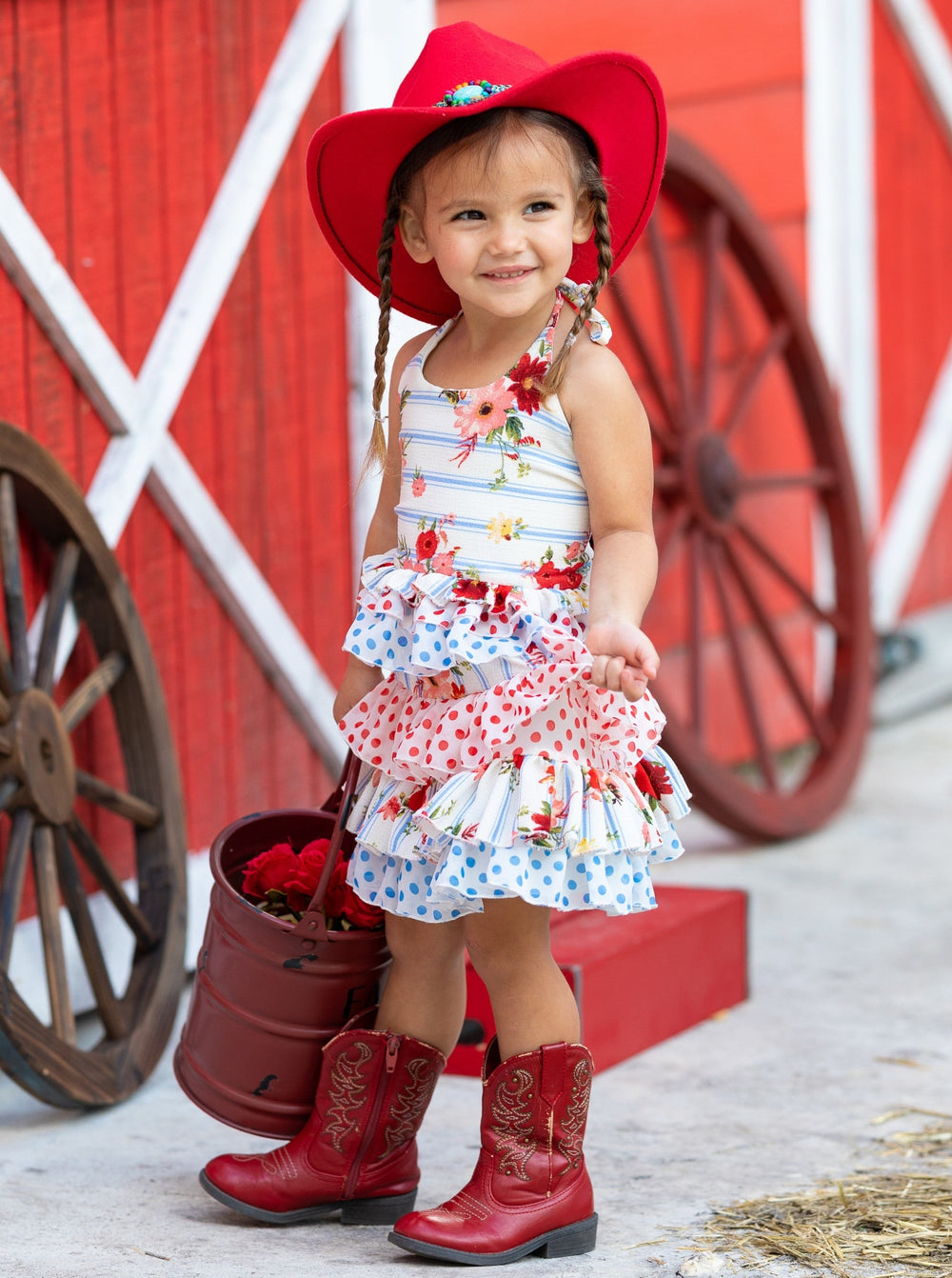 Cute Spring Dresses | Girls Stripe Floral Ruffled Halter Skirt Set