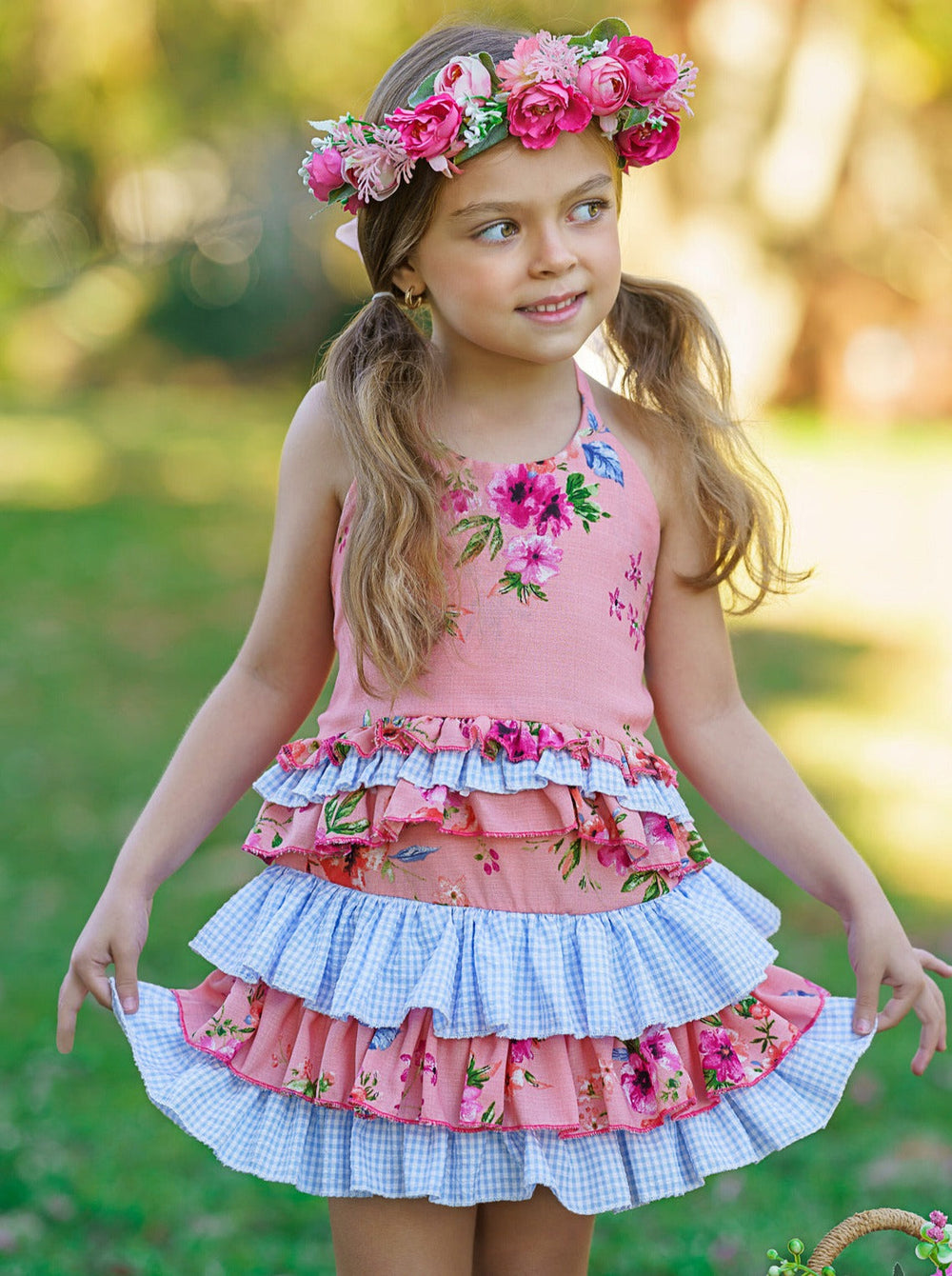 Cute Spring Dresses | Girls Floral Plaid Ruffled Halter Skirt Set