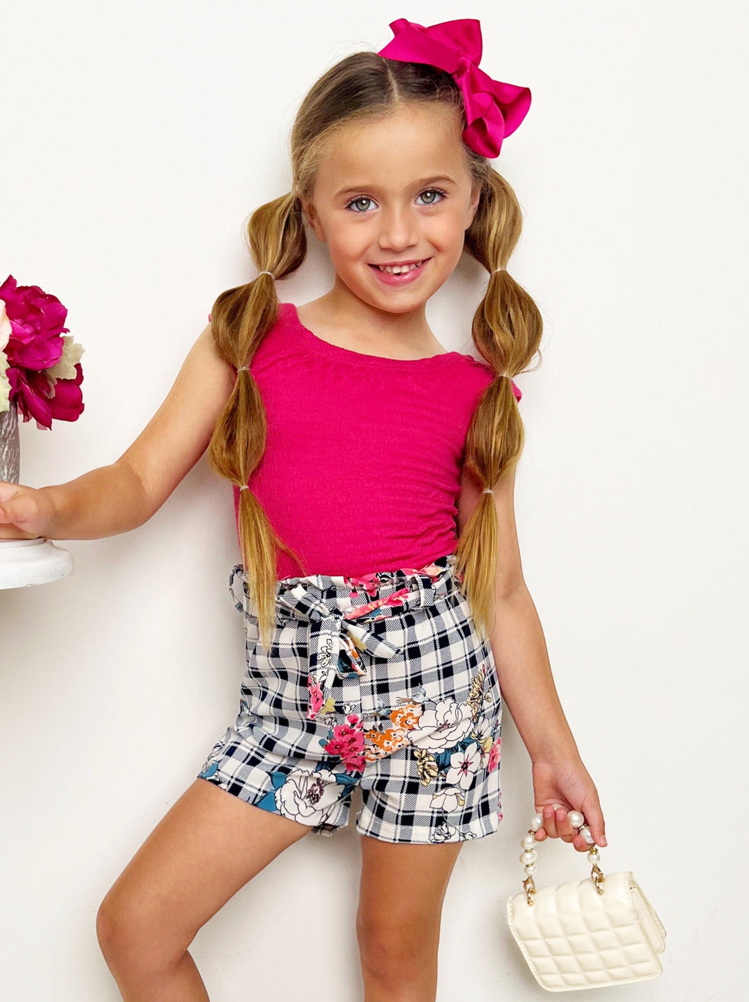 Spring Outfits | Girls Ribbed Top & Plaid Paperbag Belted Shorts Set