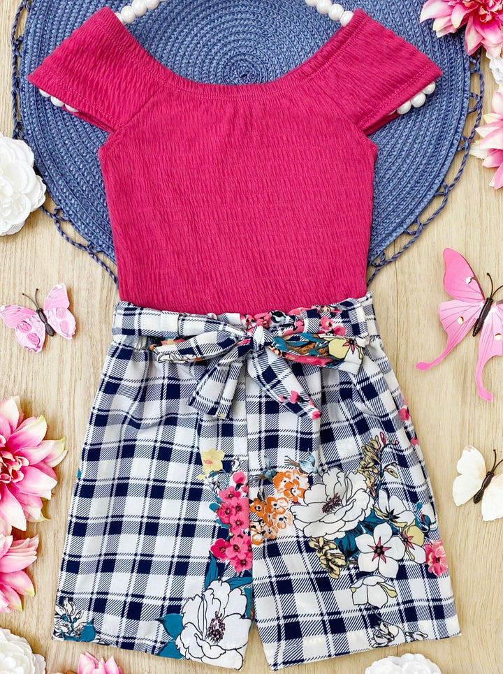 Spring Outfits | Girls Ribbed Top & Plaid Paperbag Belted Shorts Set