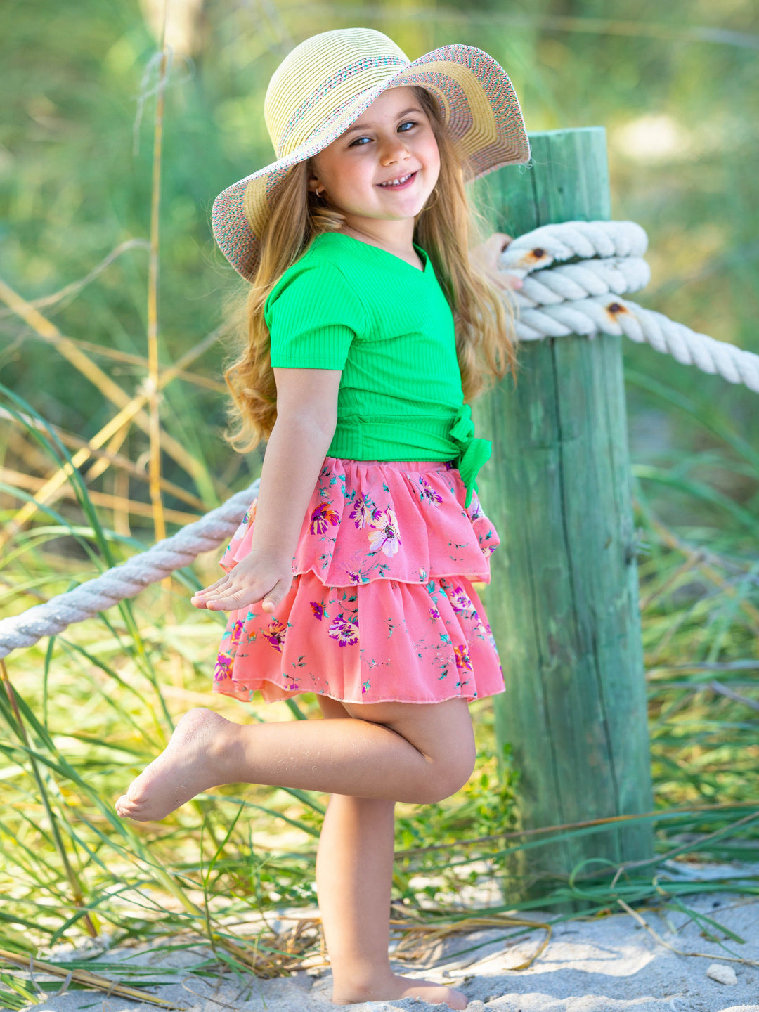 Cute Spring Outfits | Girls Ribbed Wrap Top & Tiered Ruffle Skirt Set